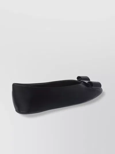 Ferragamo Leather Round Toe Ballerina Shoes With Bow Detail In Blue