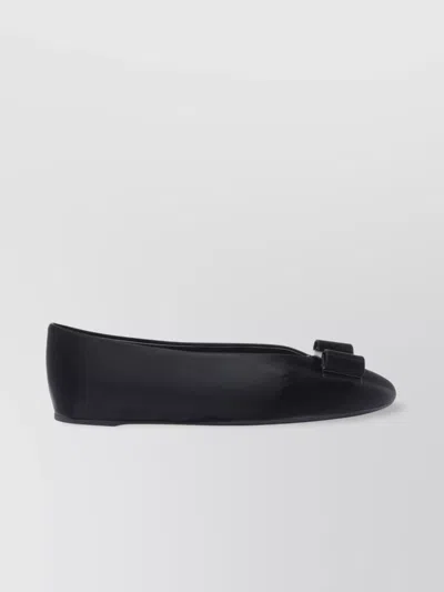 Ferragamo Leather Round Toe Ballerina Shoes With Bow Detail In Blue