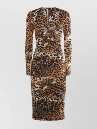 Roberto Cavalli Jaguar Skin-print Ruched Dress In Light Brown