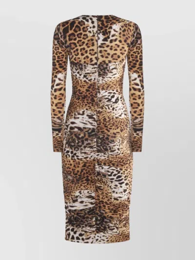 Roberto Cavalli Jaguar Skin-print Ruched Dress In Light Brown