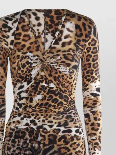 Roberto Cavalli Jaguar Skin-print Ruched Dress In Light Brown