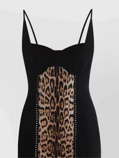Roberto Cavalli Knee Length Dress With Animal Print Panel In Black