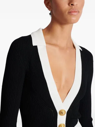 Balmain Long Sleeves V-neck Flare Knit Dress In Black