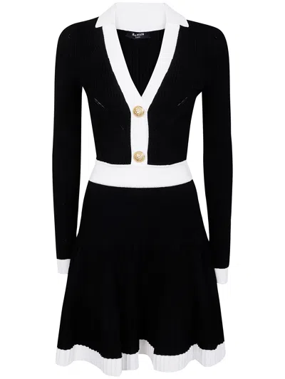 Balmain Long Sleeves V-neck Flare Knit Dress In Black