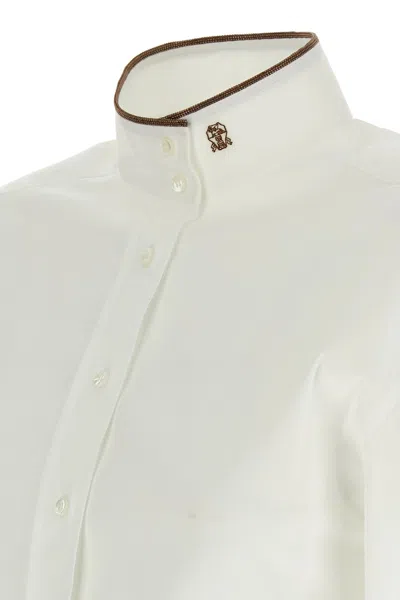 Brunello Cucinelli Stretch Cotton Poplin Shirt With Shiny Collar Detail In White