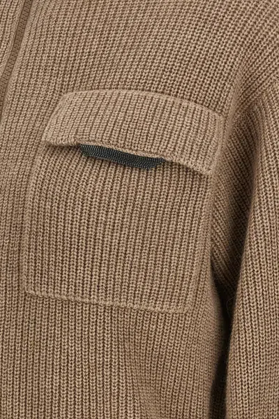 Brunello Cucinelli Cropped Cardigan With Shiny Flap Detail In Brown