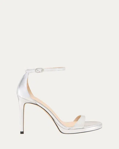 Stuart Weitzman Nudist Metallic Ankle-wrap Platform Sandals In Silver