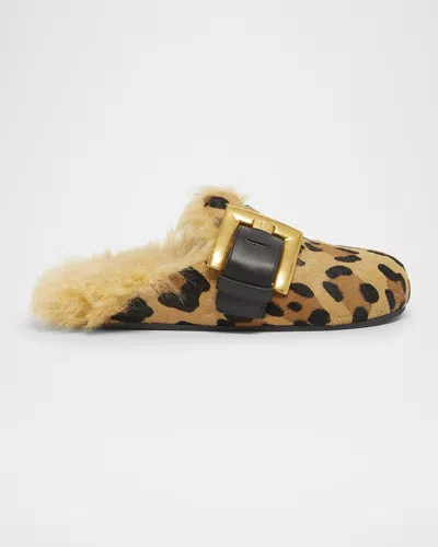 Balmain Anthem Leopard Print Ponyskin Leather And Faux Fur Mules In Multi