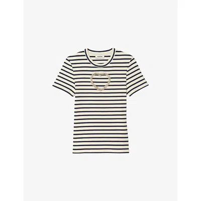 Sandro Womens Ecru Striped Embellished-heart Stretch-cotton T-shirt In Neutral