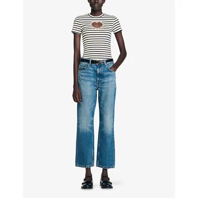 Sandro Womens Ecru Striped Embellished-heart Stretch-cotton T-shirt In Neutral