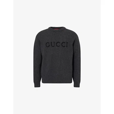 Gucci Grey Crewneck Sweater With Logo Lettering Embroidery On The Front In Wool Man In Gray