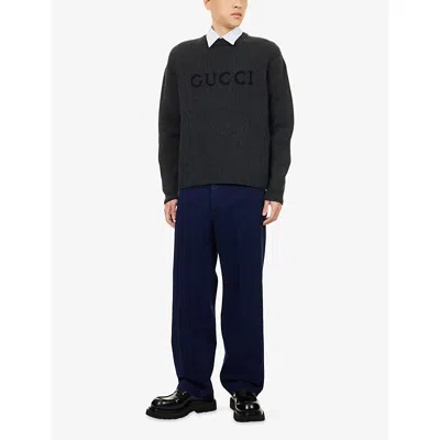 Gucci Grey Crewneck Sweater With Logo Lettering Embroidery On The Front In Wool Man In Gray