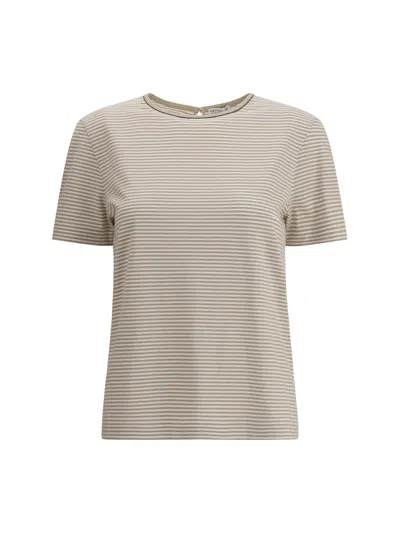 Brunello Cucinelli Striped Crew Neck T-shirt With Keyhole Detail In Neutral