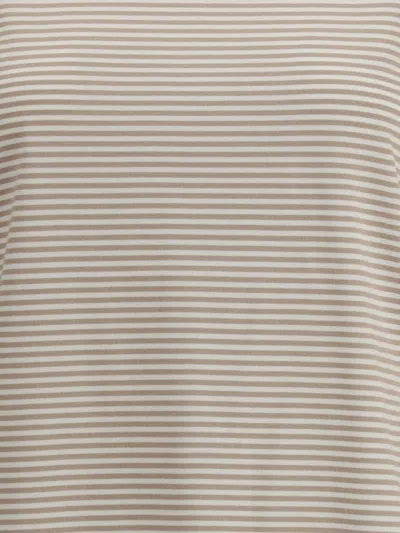 Brunello Cucinelli Striped Crew Neck T-shirt With Keyhole Detail In Neutral