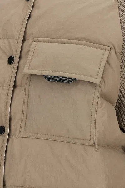 Brunello Cucinelli Two-material 'shiny Flap Detail' Down Jacket In Brown