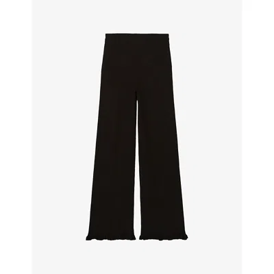 Claudie Pierlot Womens Navy Frilled-trim Flared-leg Mid-rise Stretch-knit Trousers In Black