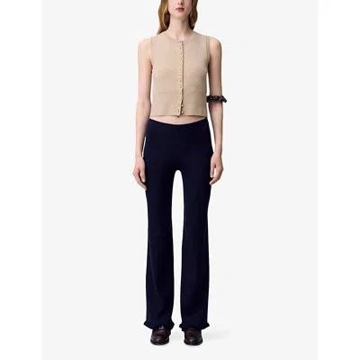 Claudie Pierlot Womens Navy Frilled-trim Flared-leg Mid-rise Stretch-knit Trousers In Black