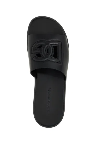Dolce & Gabbana Black Sandals With Dg Logo Cut-out In Leather Man In Gray