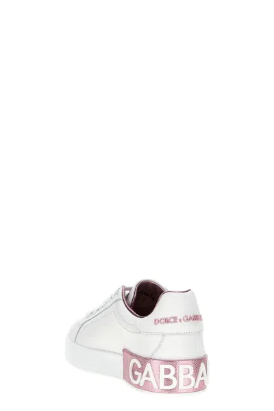 Dolce & Gabbana Portofino Leather Sneakers In White And Pink In Pink