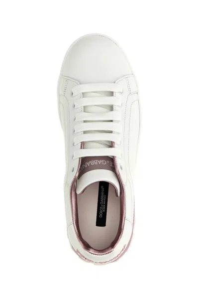 Dolce & Gabbana Portofino Leather Sneakers In White And Pink In Pink