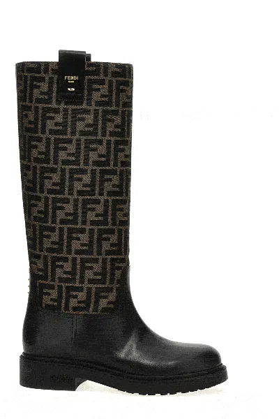 Fendi Tall Boots With Signature Monogram Pattern And Branded Detailing In Black