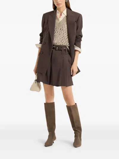 Brunello Cucinelli Women Beige Silk And Linen Dazzling Net Sweater In Gray