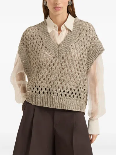 Brunello Cucinelli Women Beige Silk And Linen Dazzling Net Sweater In Gray
