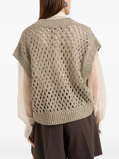Brunello Cucinelli Women Beige Silk And Linen Dazzling Net Sweater In Gray