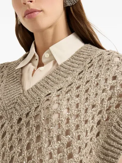 Brunello Cucinelli Women Beige Silk And Linen Dazzling Net Sweater In Gray