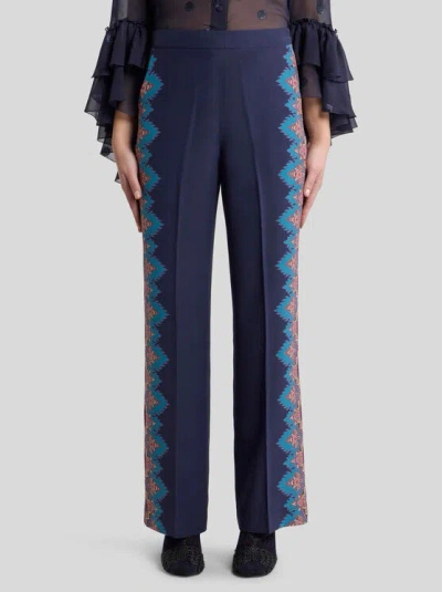 Etro Floral Print Silk Trousers In Blue