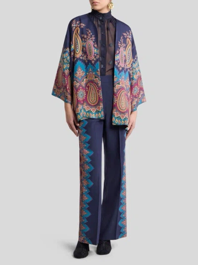 Etro Floral Print Silk Trousers In Blue