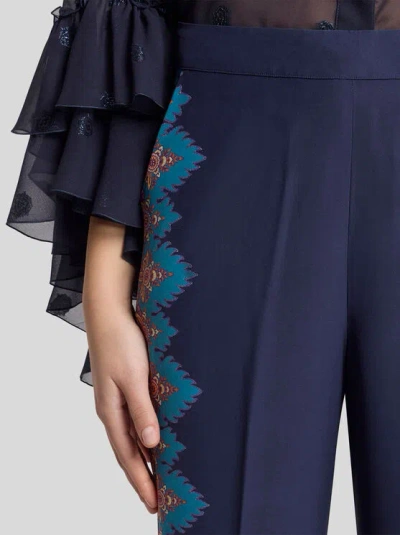 Etro Floral Print Silk Trousers In Blue