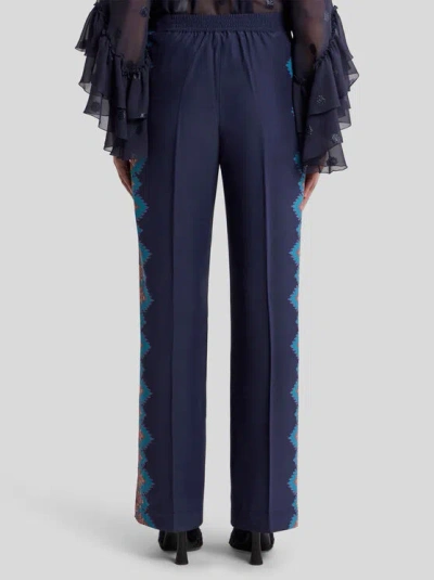 Etro Floral Print Silk Trousers In Blue