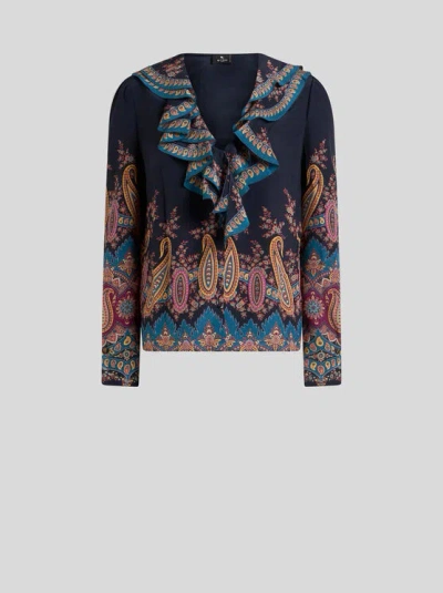 Etro Women's Long Sleeve Ruffled Neck Paisley Top In Blue