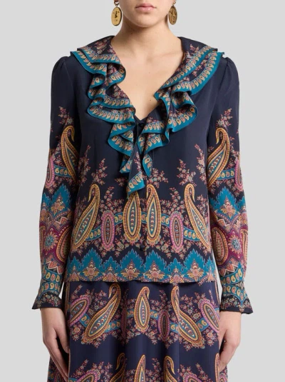 Etro Women's Long Sleeve Ruffled Neck Paisley Top In Blue