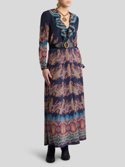 Etro Women's Long Sleeve Ruffled Neck Paisley Top In Blue