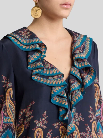 Etro Women's Long Sleeve Ruffled Neck Paisley Top In Blue