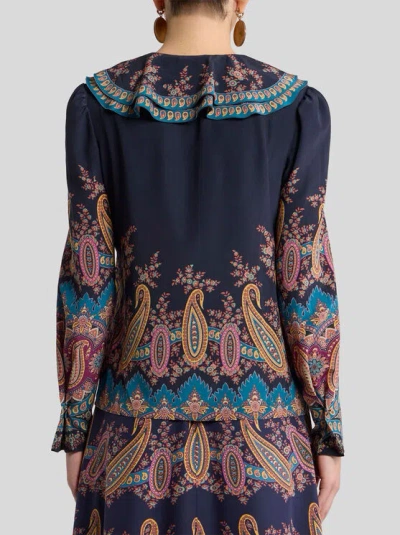 Etro Women's Long Sleeve Ruffled Neck Paisley Top In Blue