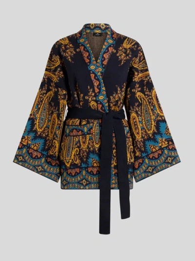 Etro , Jacquard Kesa Robe With Belt, Woman, Navy Blue, Size L In Multi