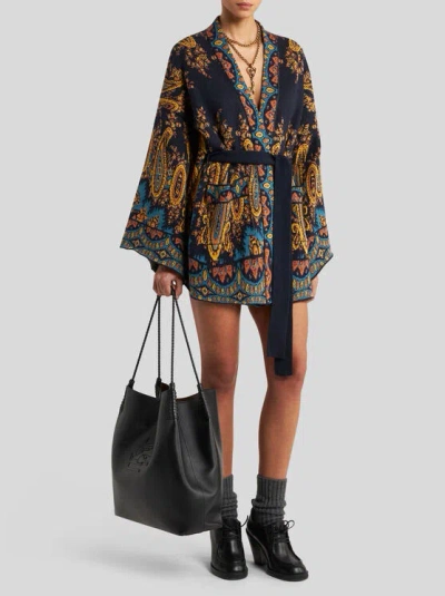 Etro , Jacquard Kesa Robe With Belt, Woman, Navy Blue, Size L In Multi