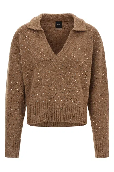 Pinko V-neck Lurex Knit Polo With Long Sleeves In Blue