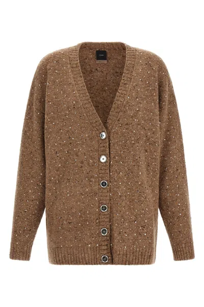 Pinko Bouclé Fabric Cardigan With Rhinestones In Brown