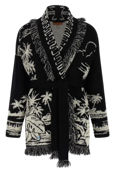 Alanui Black Cardigan With Tropical Pattern And Fringes In Multi