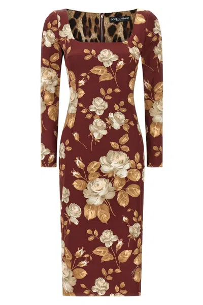 Dolce & Gabbana Dolce&gabbana Burgundy Satin Dress With Floral Print Women In Multi