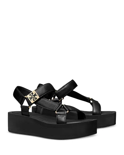 Tory Burch Round Toe Leather Platform Sandals With Ankle Strap In Black