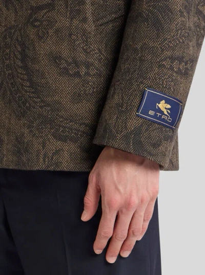Etro Double-breasted Herringbone Paisley Coat In Brown