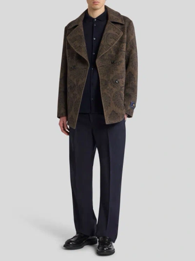 Etro Double-breasted Herringbone Paisley Coat In Brown