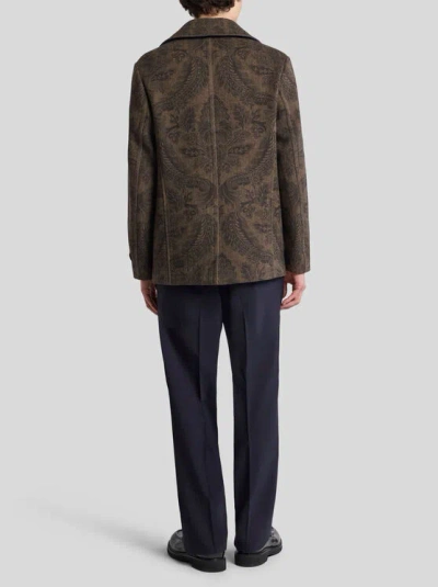Etro Double-breasted Herringbone Paisley Coat In Brown