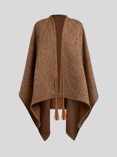Etro Leather-trimmed Paisley-print Wool-blend Poncho In Brown