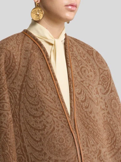 Etro Leather-trimmed Paisley-print Wool-blend Poncho In Brown